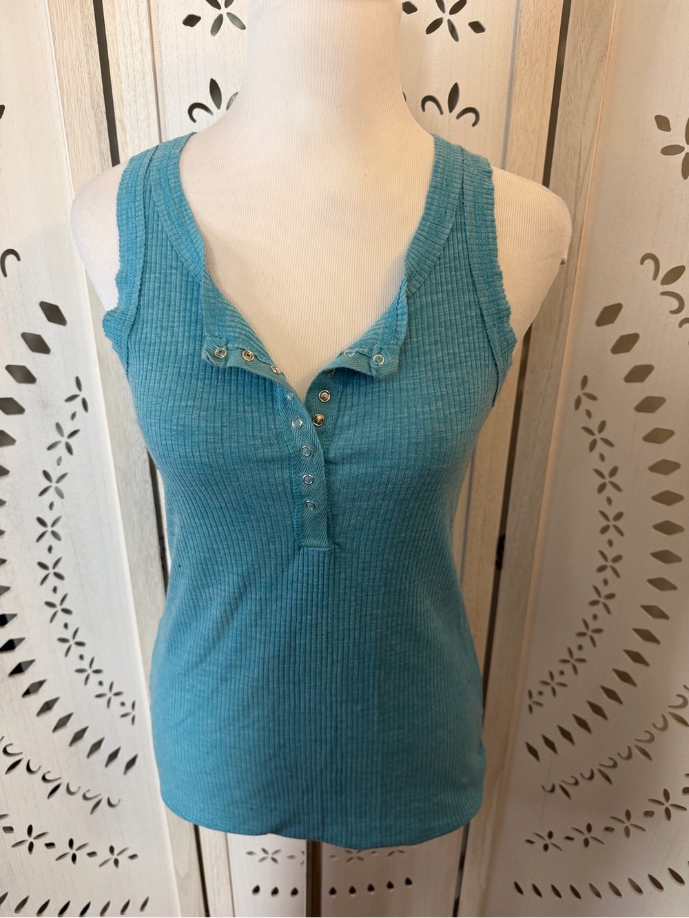 Sleeveless Ribbed Henley Tank Top - Turquoise